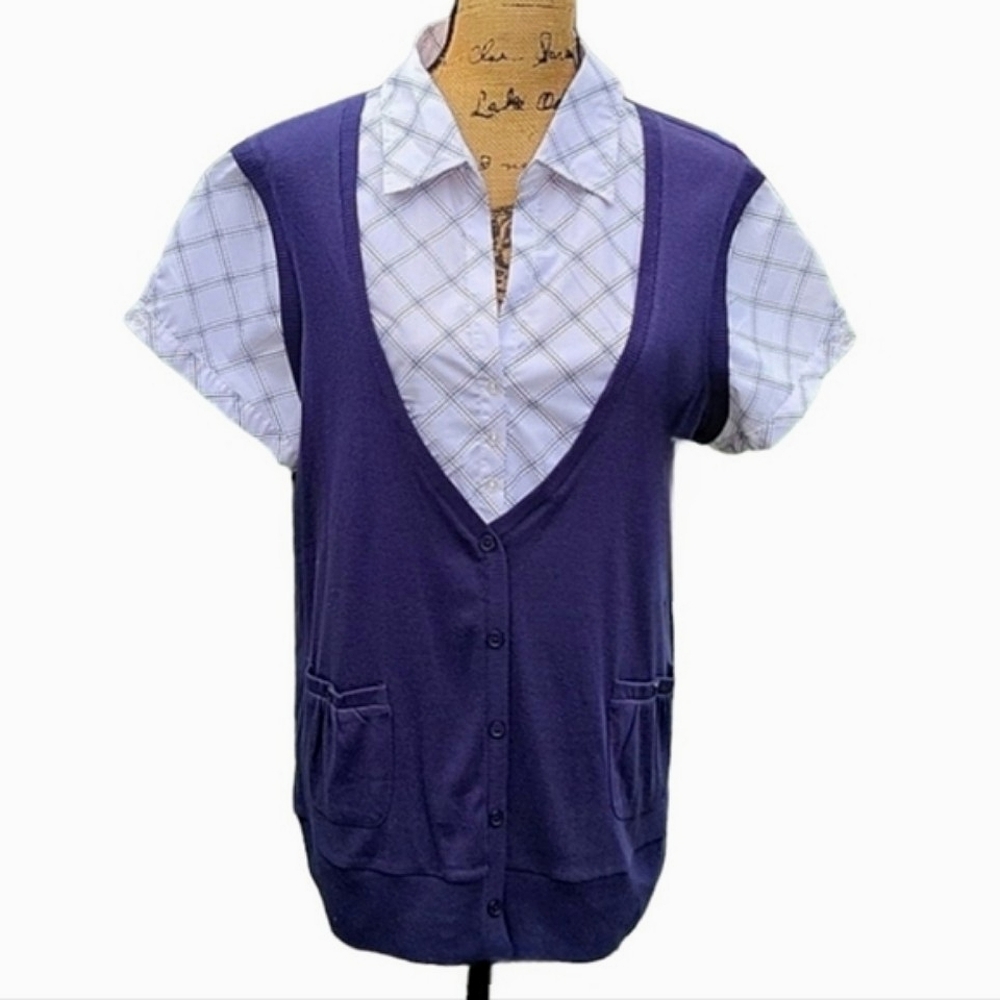 NWT Vintage Collared Shirt V-Neck Faux Sweater Vest 1-Piece Combo Top